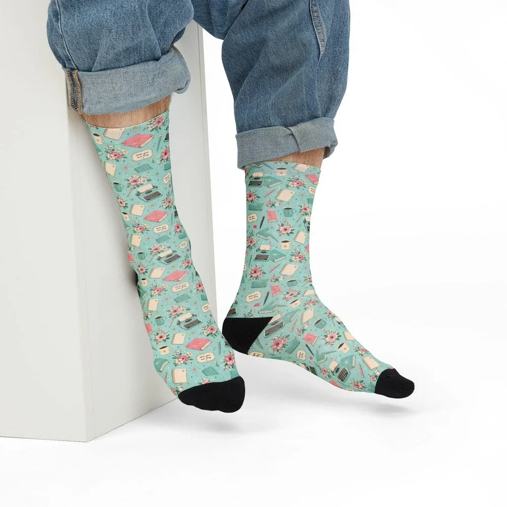 Floral Typewriter Writer Crew Socks | Teacup Pattern, Mint‎ Floral Socks